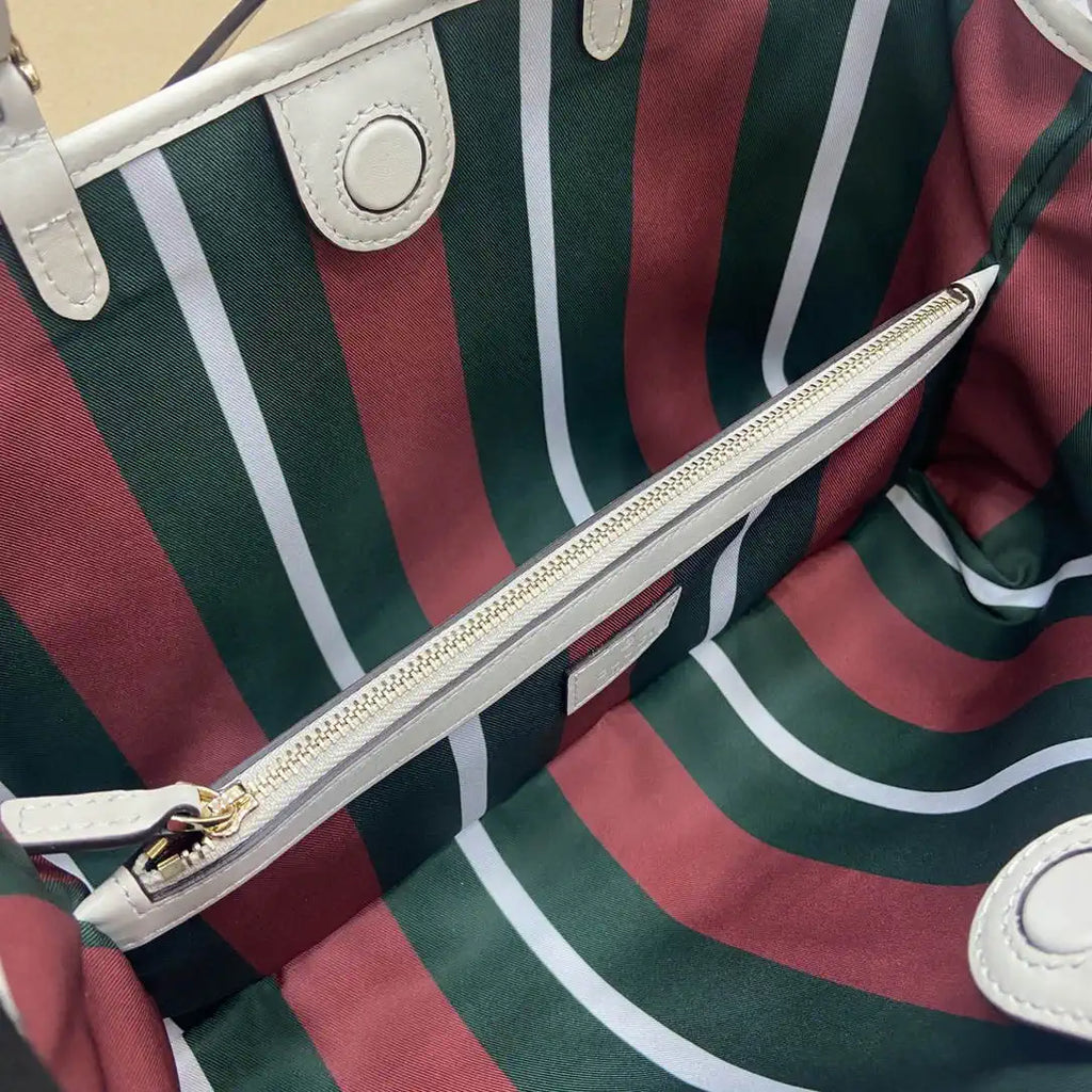 Gucci 815214 GG Emblem medium Tote Bag beige and white fabric