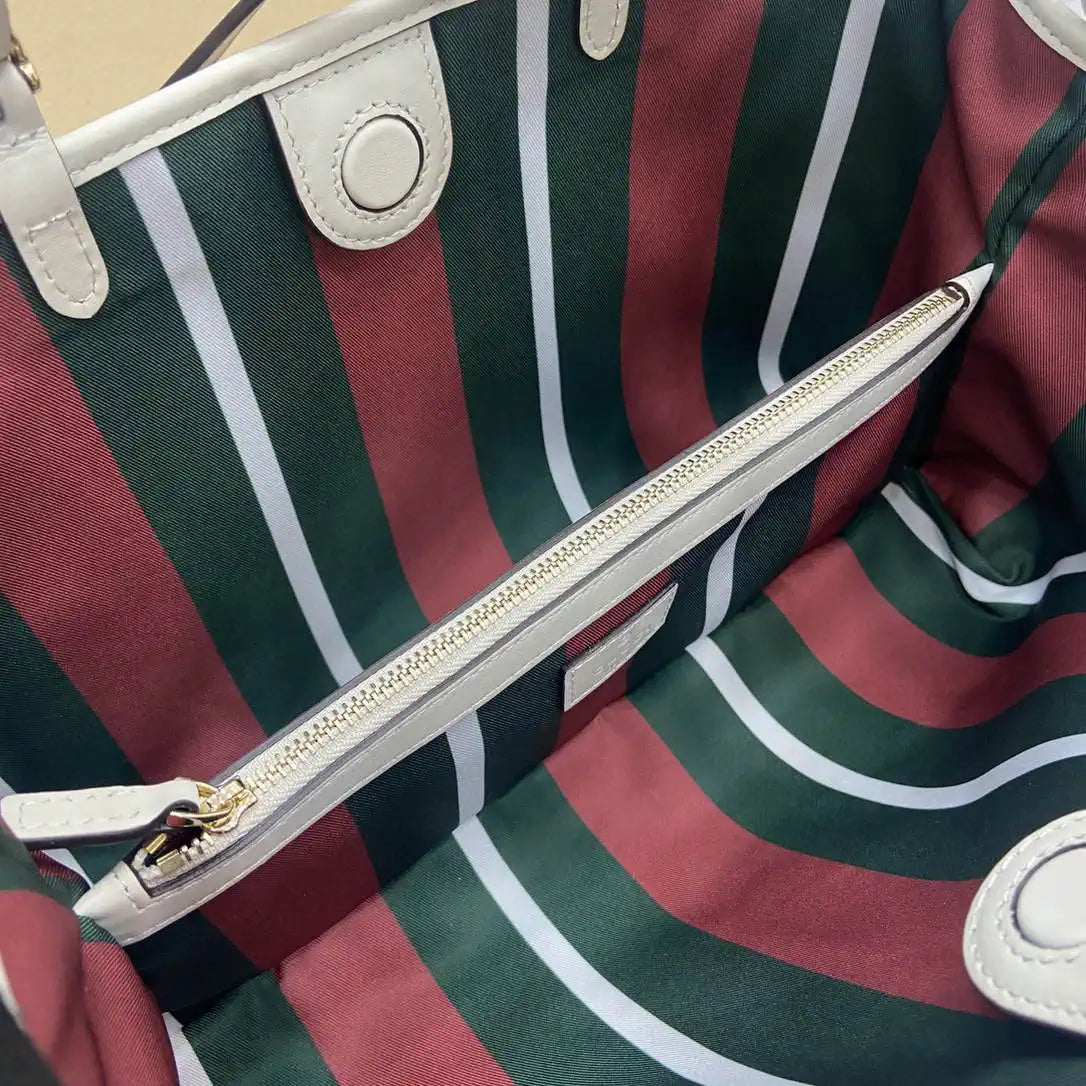 Gucci 815214 GG Emblem medium Tote Bag beige and white fabric
