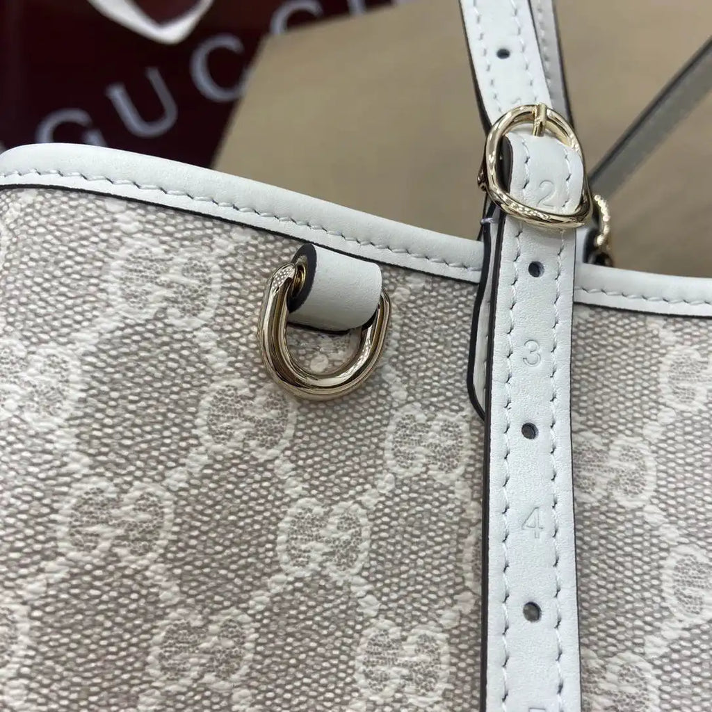 Gucci 815214 GG Emblem medium Tote Bag beige and white fabric