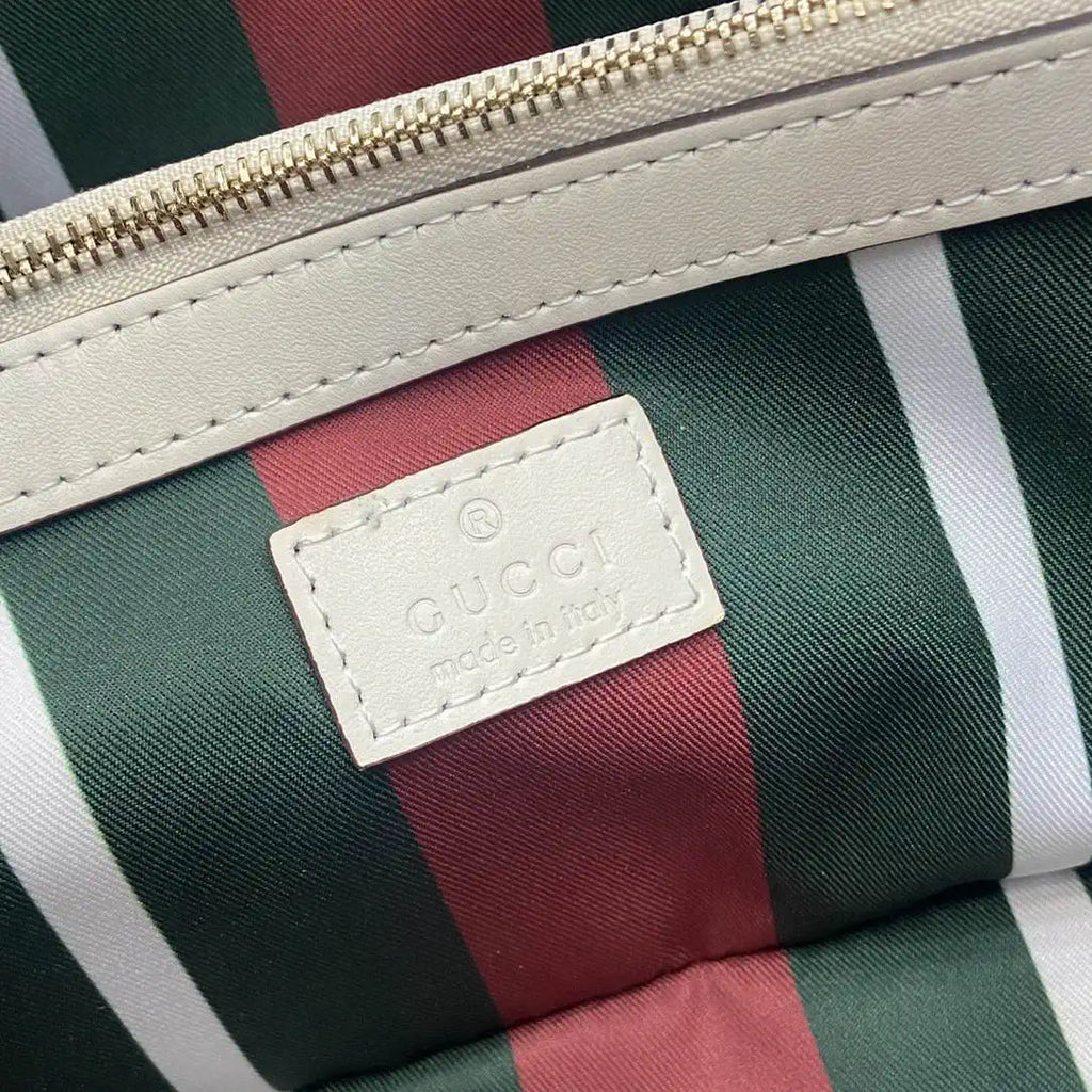 Gucci 815214 GG Emblem medium Tote Bag beige and white fabric