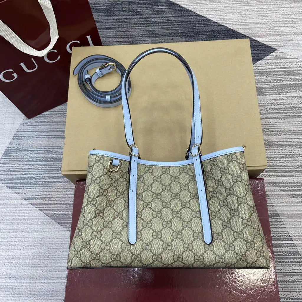Gucci 815214 GG Emblem medium Tote Bag Beige and Blue fabric