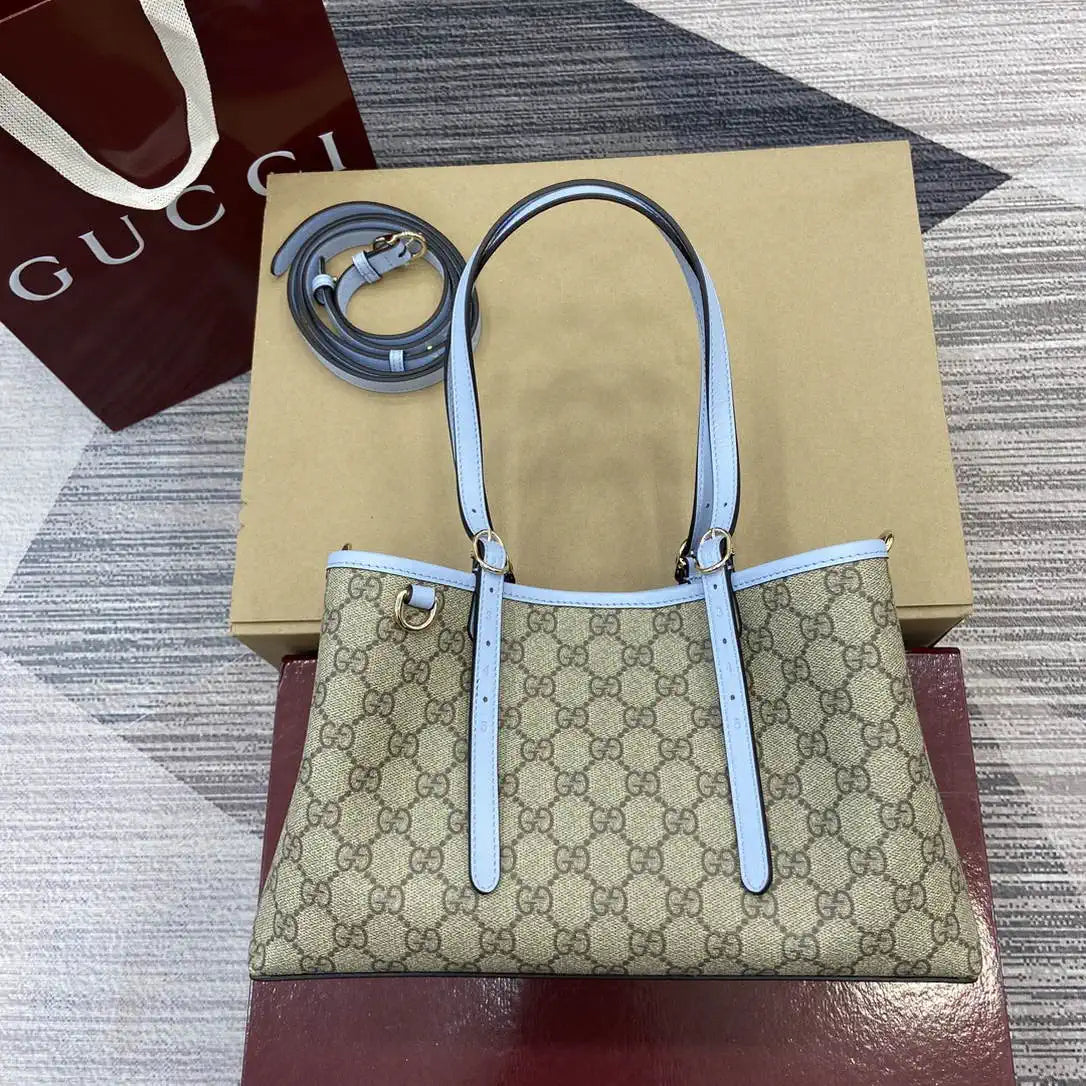 Gucci 815214 GG Emblem medium Tote Bag Beige and Blue fabric
