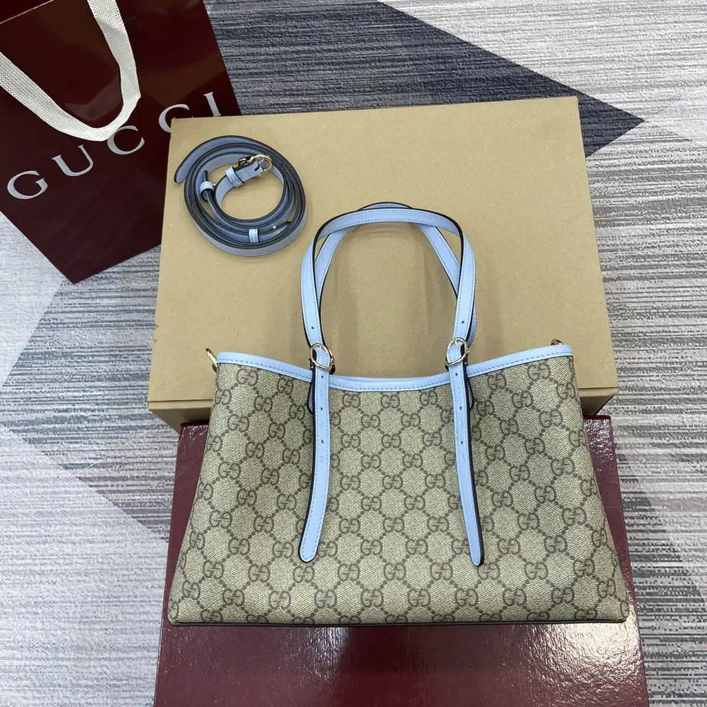 Gucci 815214 GG Emblem medium Tote Bag Beige and Blue fabric