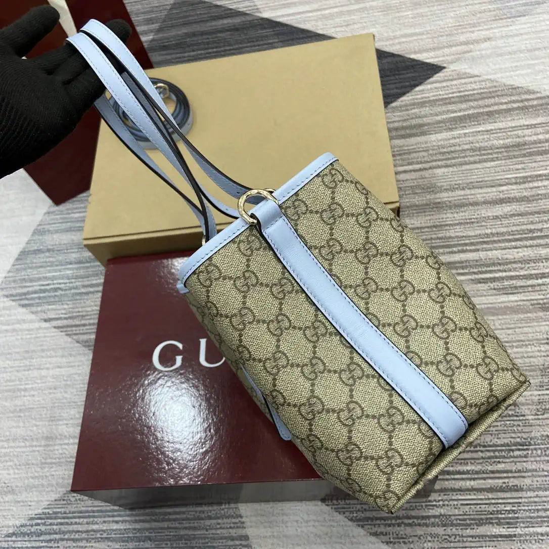 Gucci 815214 GG Emblem medium Tote Bag Beige and Blue fabric