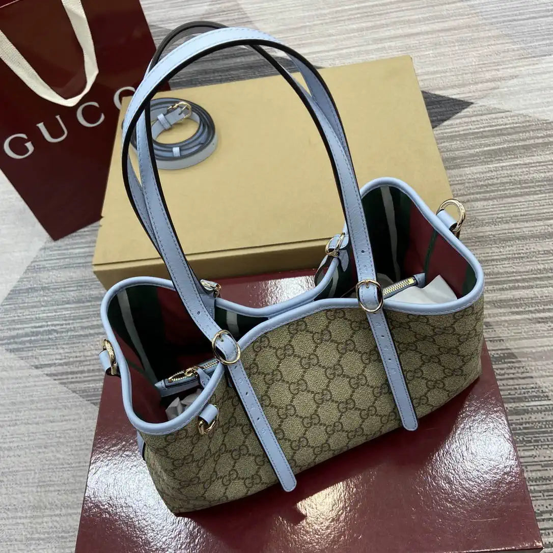 Gucci 815214 GG Emblem medium Tote Bag Beige and Blue fabric