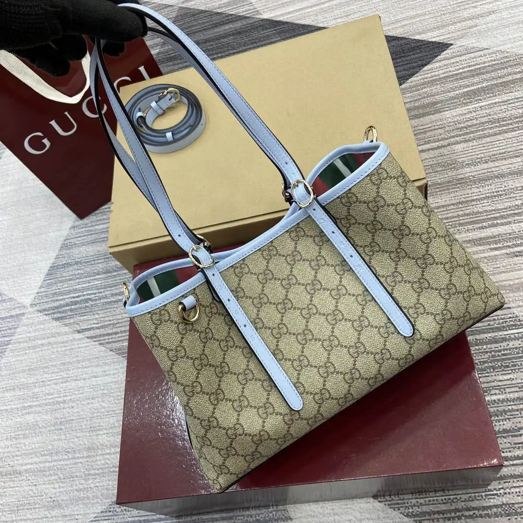 Gucci 815214 GG Emblem medium Tote Bag Beige and Blue fabric