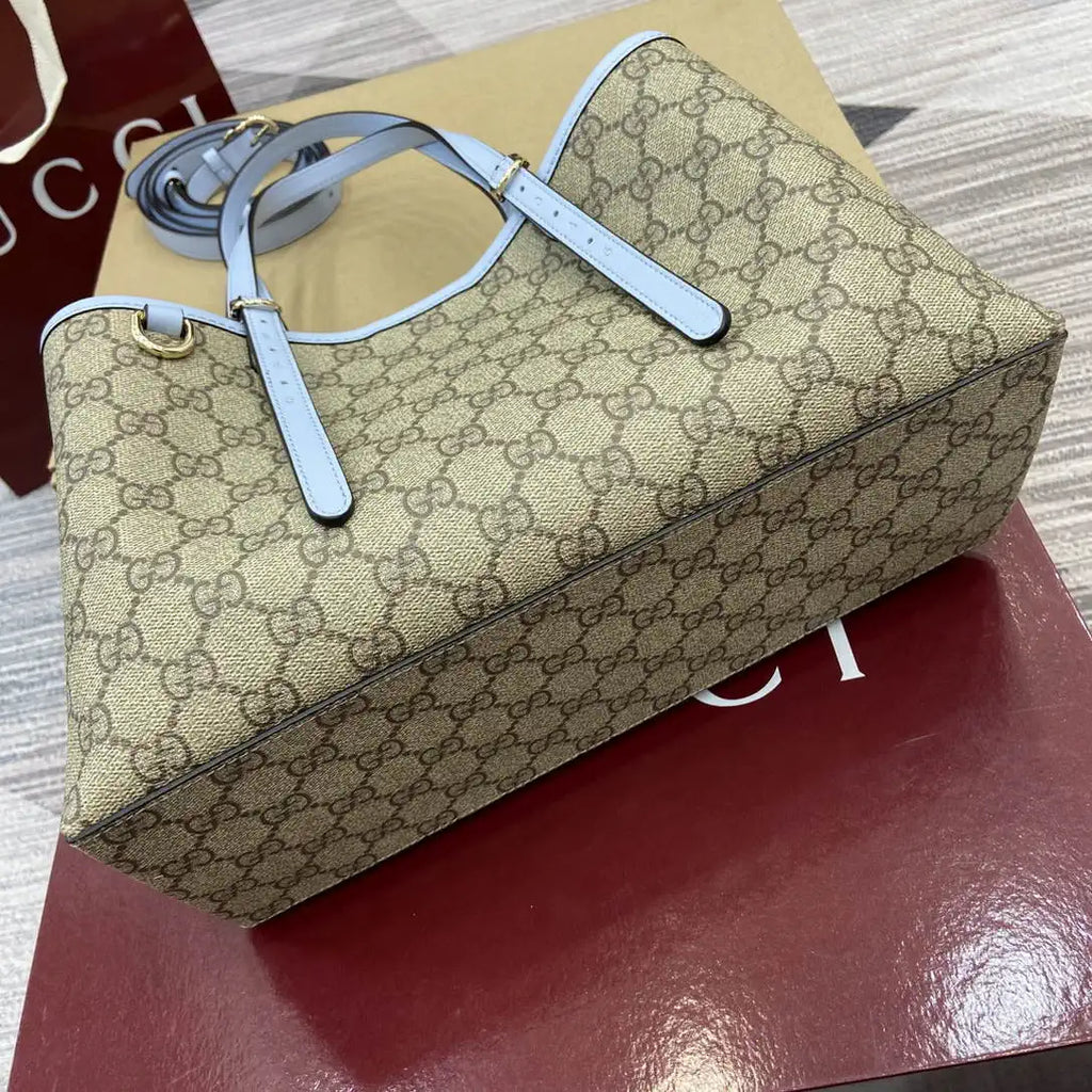 Gucci 815214 GG Emblem medium Tote Bag Beige and Blue fabric