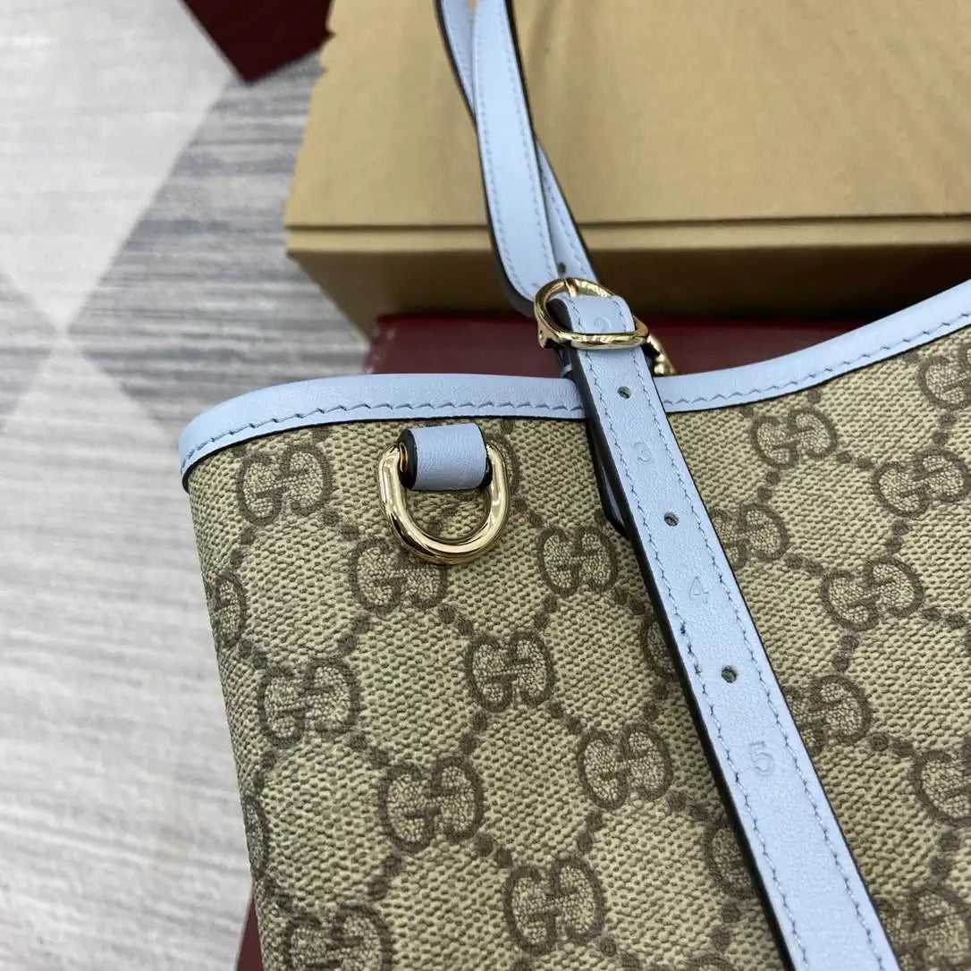 Gucci 815214 GG Emblem medium Tote Bag Beige and Blue fabric