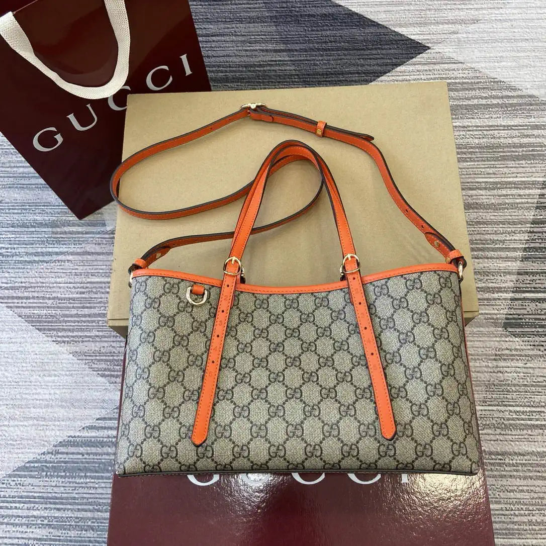 Gucci 815214 GG Emblem medium Tote Bag Beige and Orange fabric