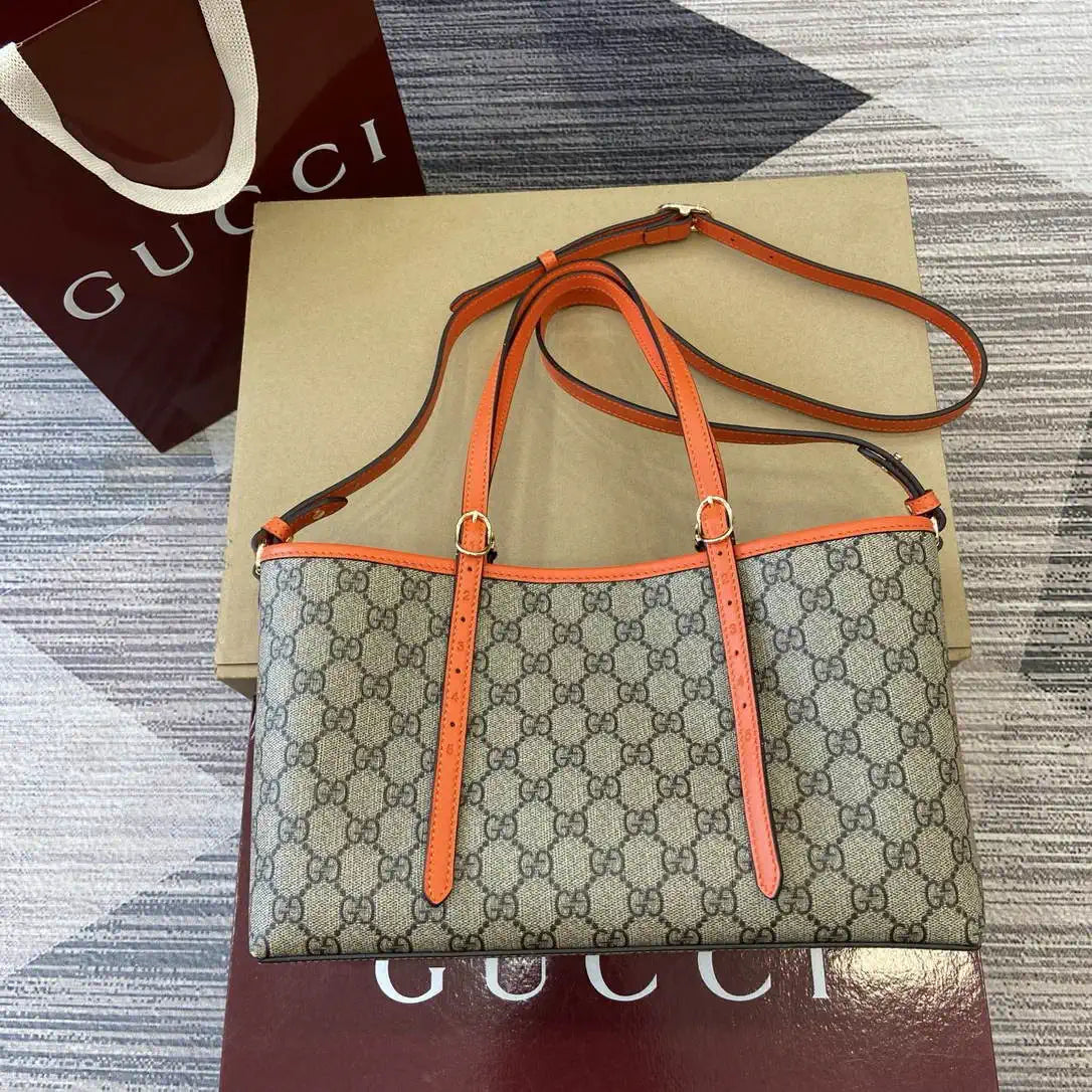 Gucci 815214 GG Emblem medium Tote Bag Beige and Orange fabric