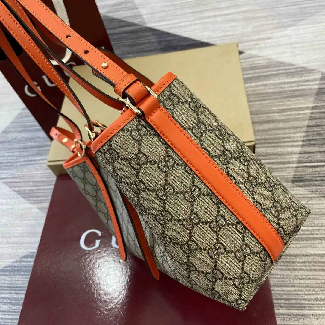 Gucci 815214 GG Emblem medium Tote Bag Beige and Orange fabric