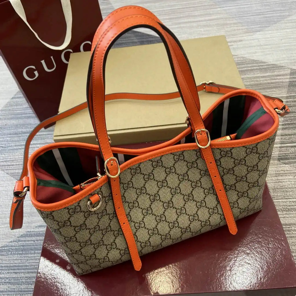 Gucci 815214 GG Emblem medium Tote Bag Beige and Orange fabric