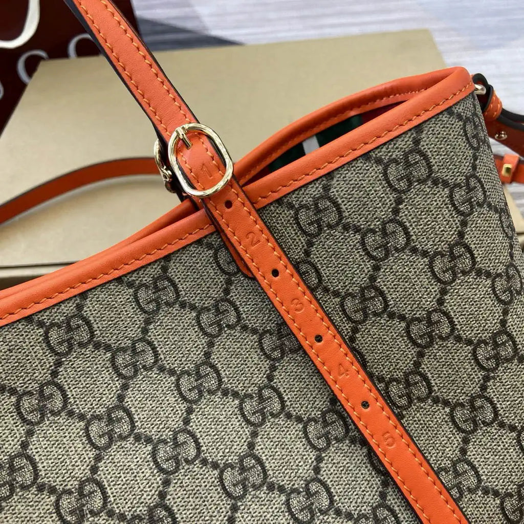Gucci 815214 GG Emblem medium Tote Bag Beige and Orange fabric