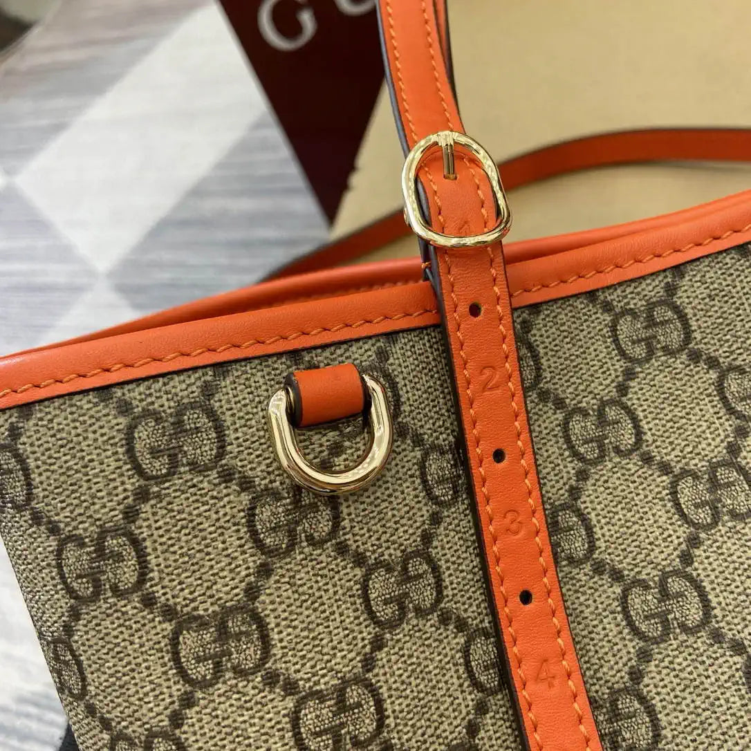 Gucci 815214 GG Emblem medium Tote Bag Beige and Orange fabric