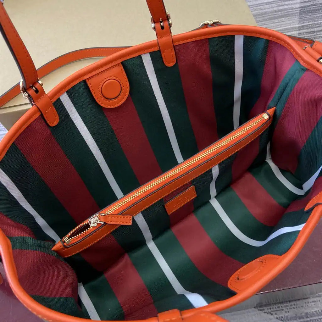 Gucci 815214 GG Emblem medium Tote Bag Beige and Orange fabric