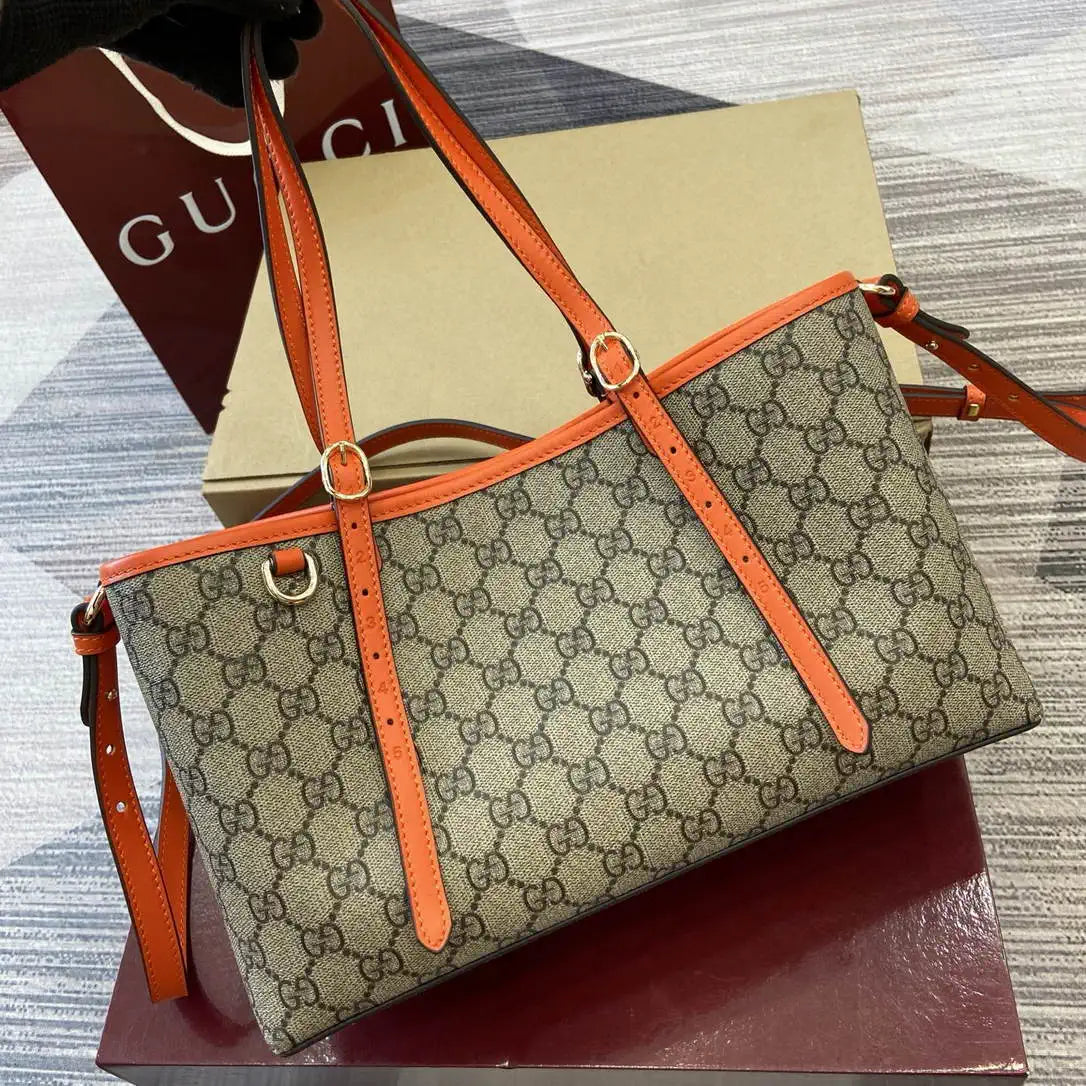 Gucci 815214 GG Emblem medium Tote Bag Beige and Orange fabric