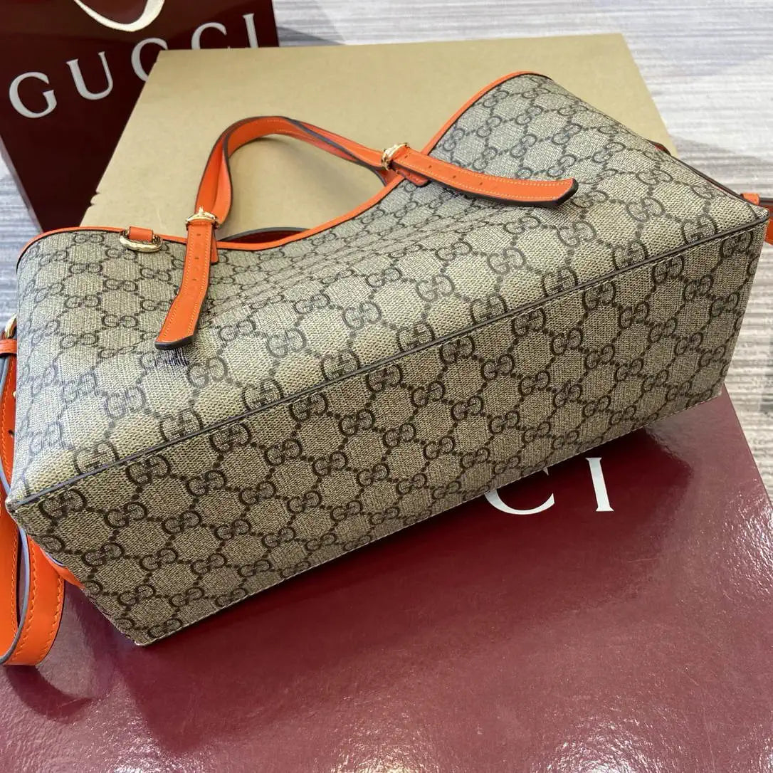 Gucci 815214 GG Emblem medium Tote Bag Beige and Orange fabric