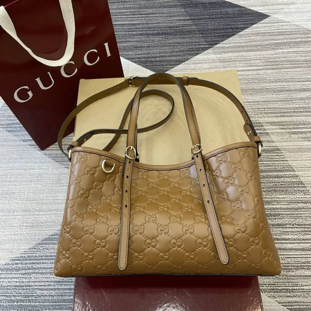 Gucci 815214 GG Emblem medium Tote Bag Brown GG leather