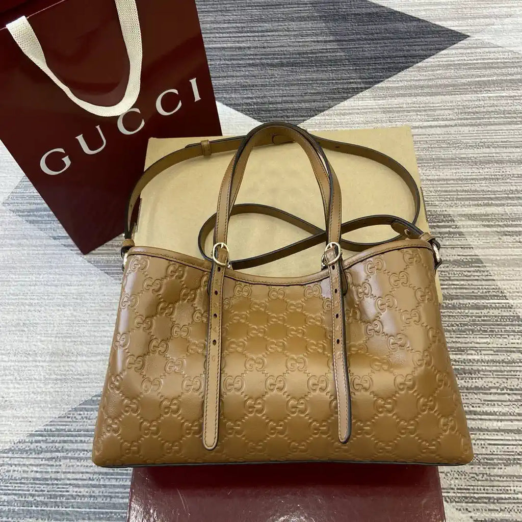 Gucci 815214 GG Emblem medium Tote Bag Brown GG leather