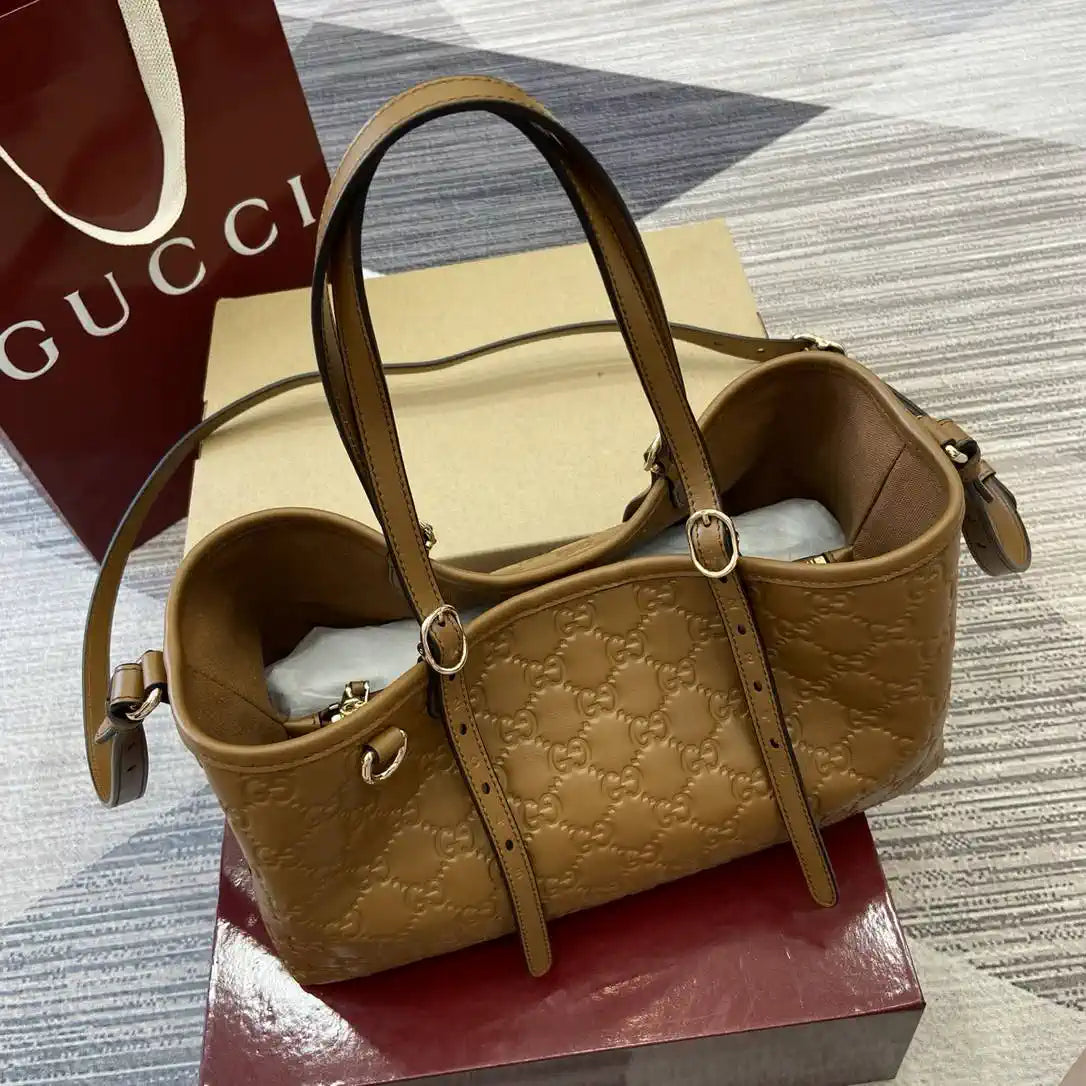Gucci 815214 GG Emblem medium Tote Bag Brown GG leather