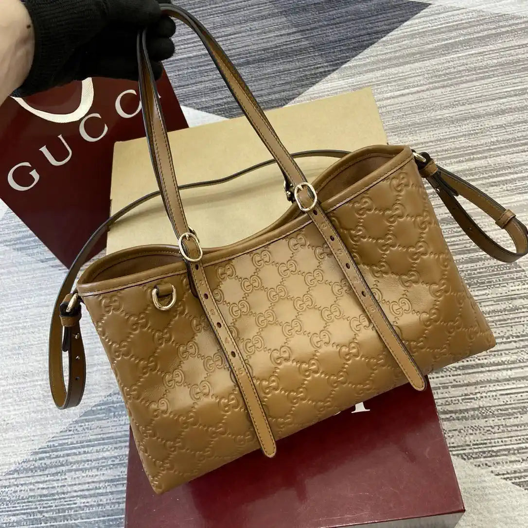 Gucci 815214 GG Emblem medium Tote Bag Brown GG leather