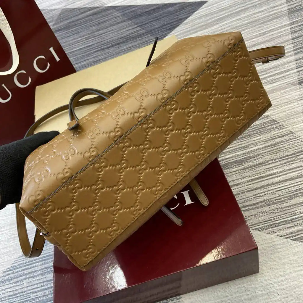 Gucci 815214 GG Emblem medium Tote Bag Brown GG leather