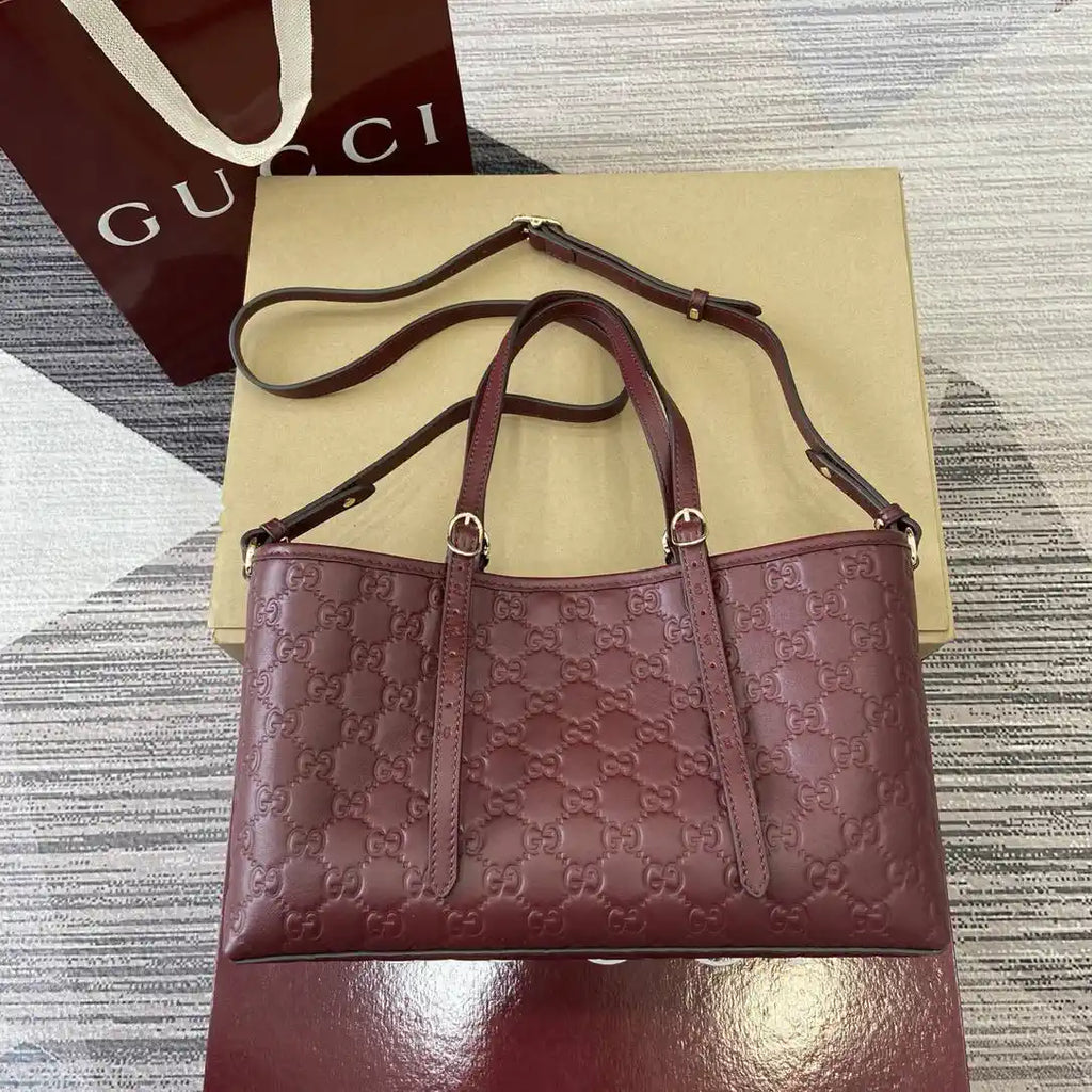 Gucci 815214 GG Emblem medium Tote Bag Red GG leather