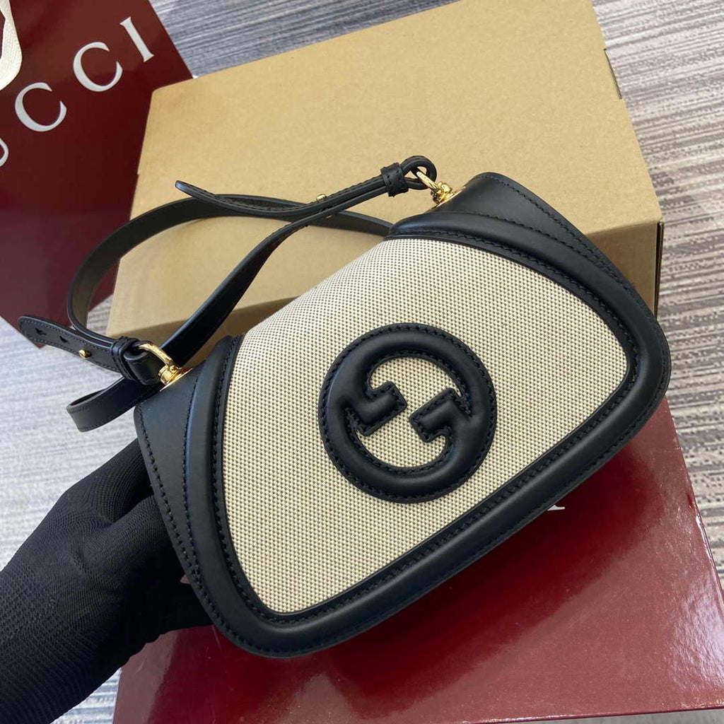 Gucci 815700 Gucci Blondie mini shoulder bag Black with beige cotton linen canvas