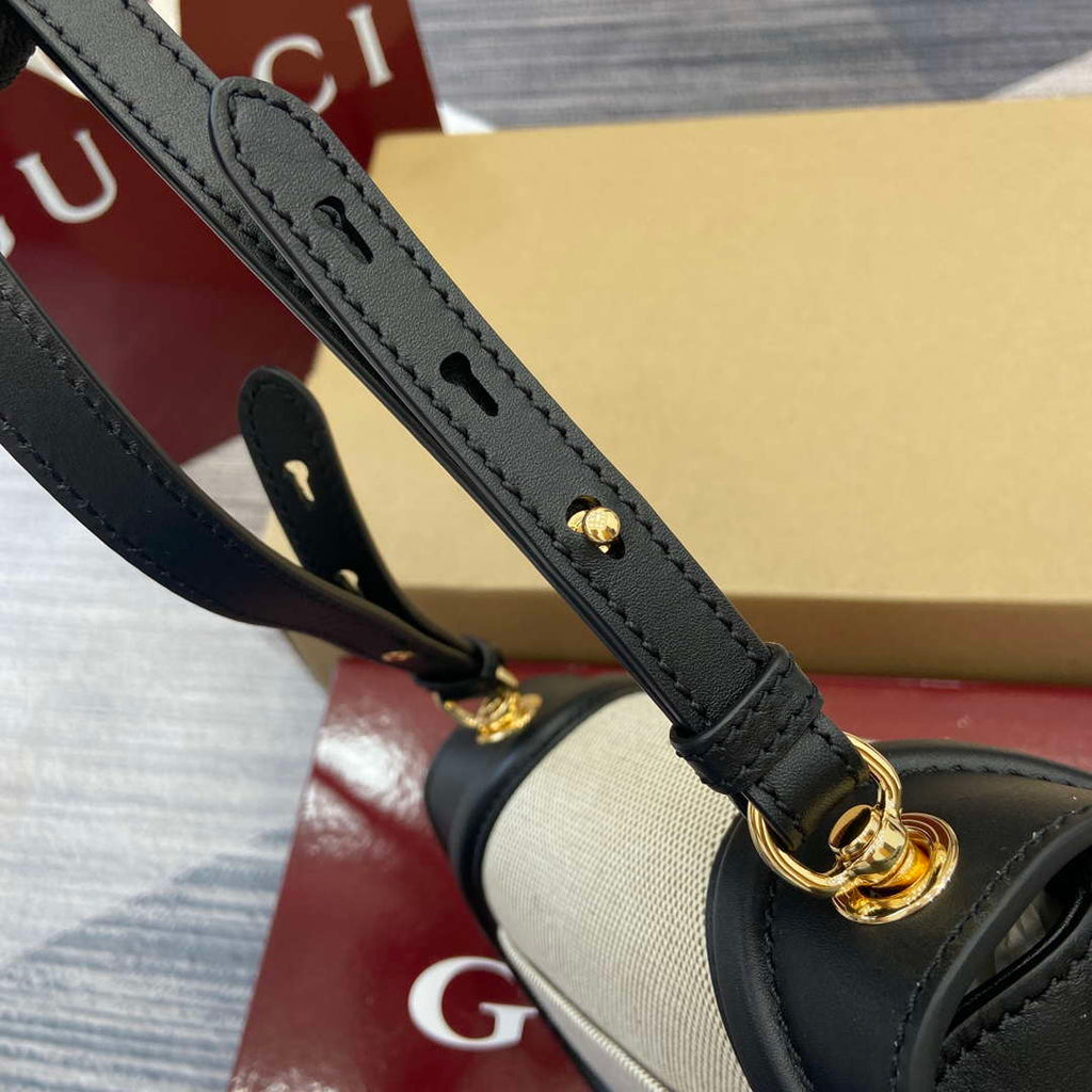 Gucci 815700 Gucci Blondie mini shoulder bag Black with beige cotton linen canvas