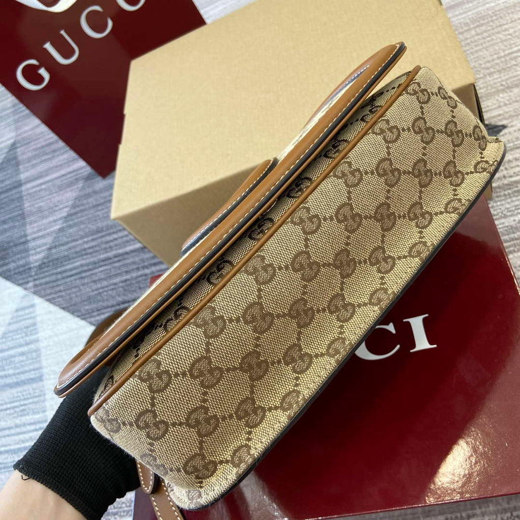 Gucci 815714 Gucci Blondie Small Top Handle Bag Beige dark brown canvas