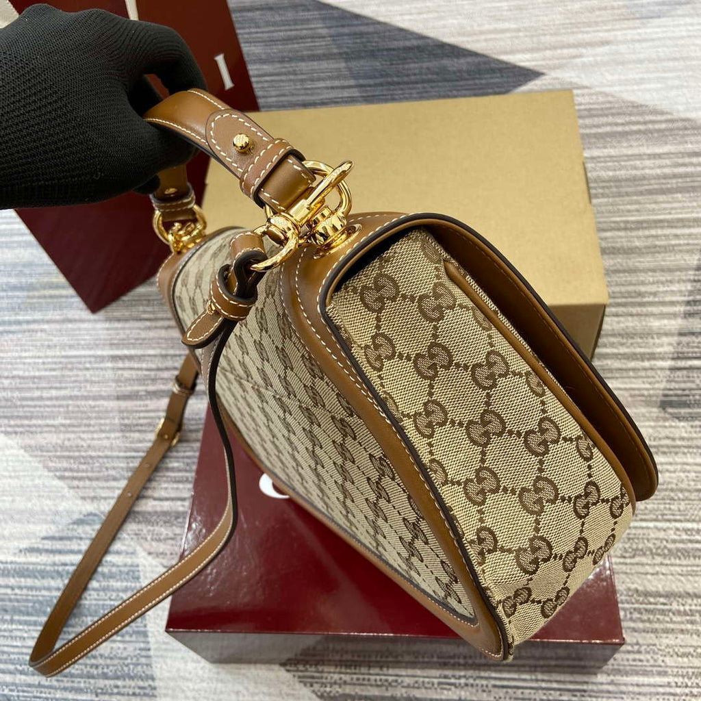 Gucci 815716 Gucci Blondie Medium top handle bag Dark Brown cotton linen canvas
