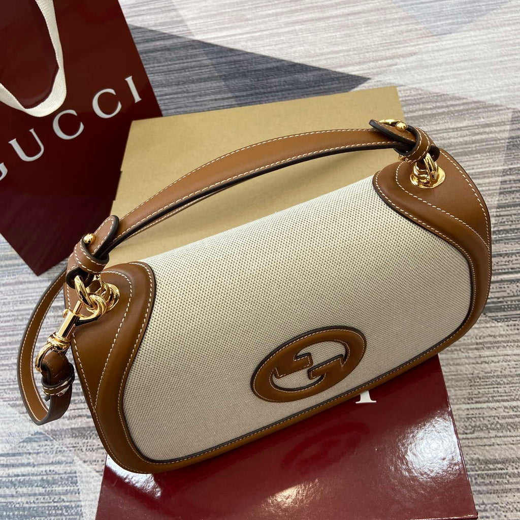 Gucci 815716 Gucci Blondie Medium top handle bag Brown & Beige cotton linen canvas
