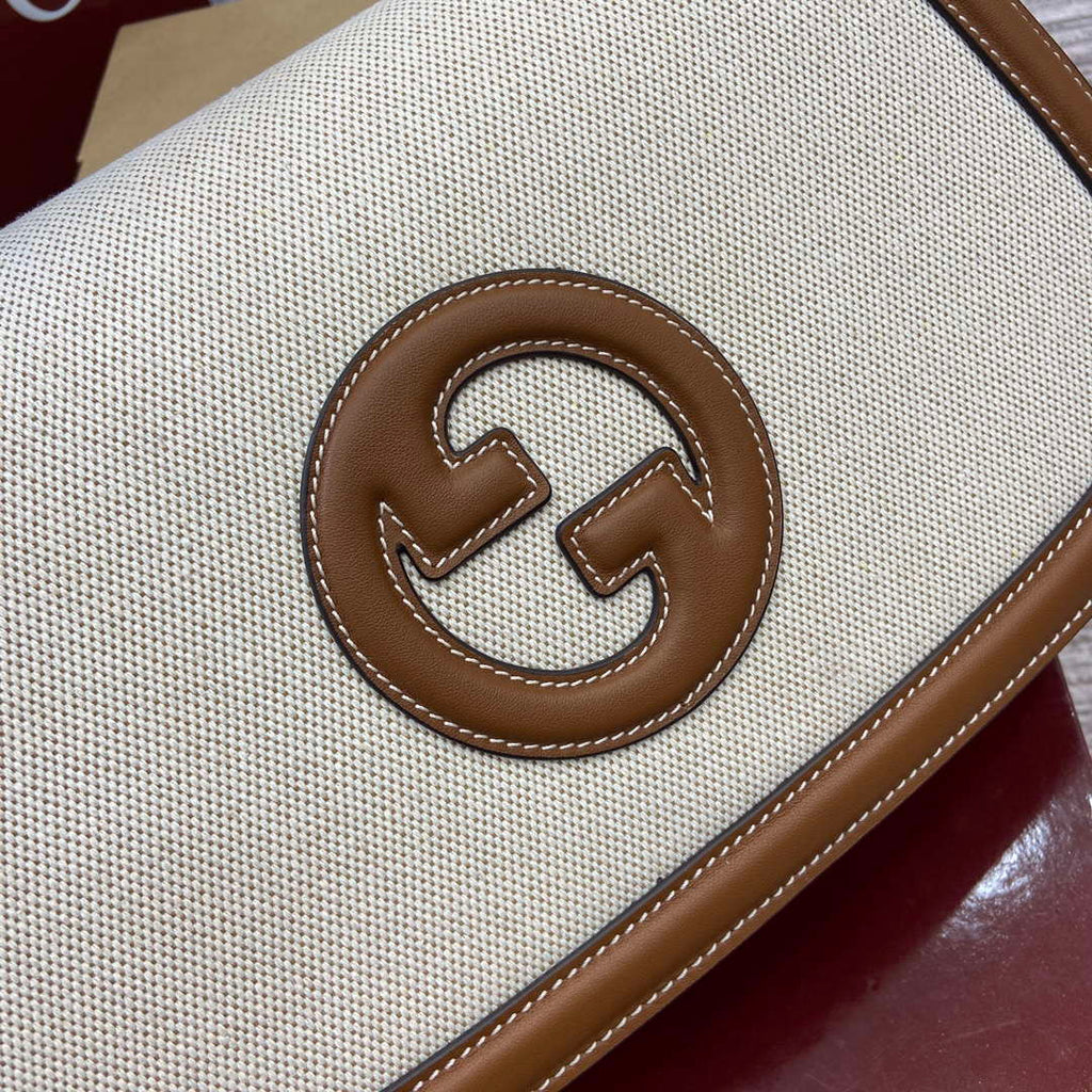 Gucci 815716 Gucci Blondie Medium top handle bag Brown & Beige cotton linen canvas