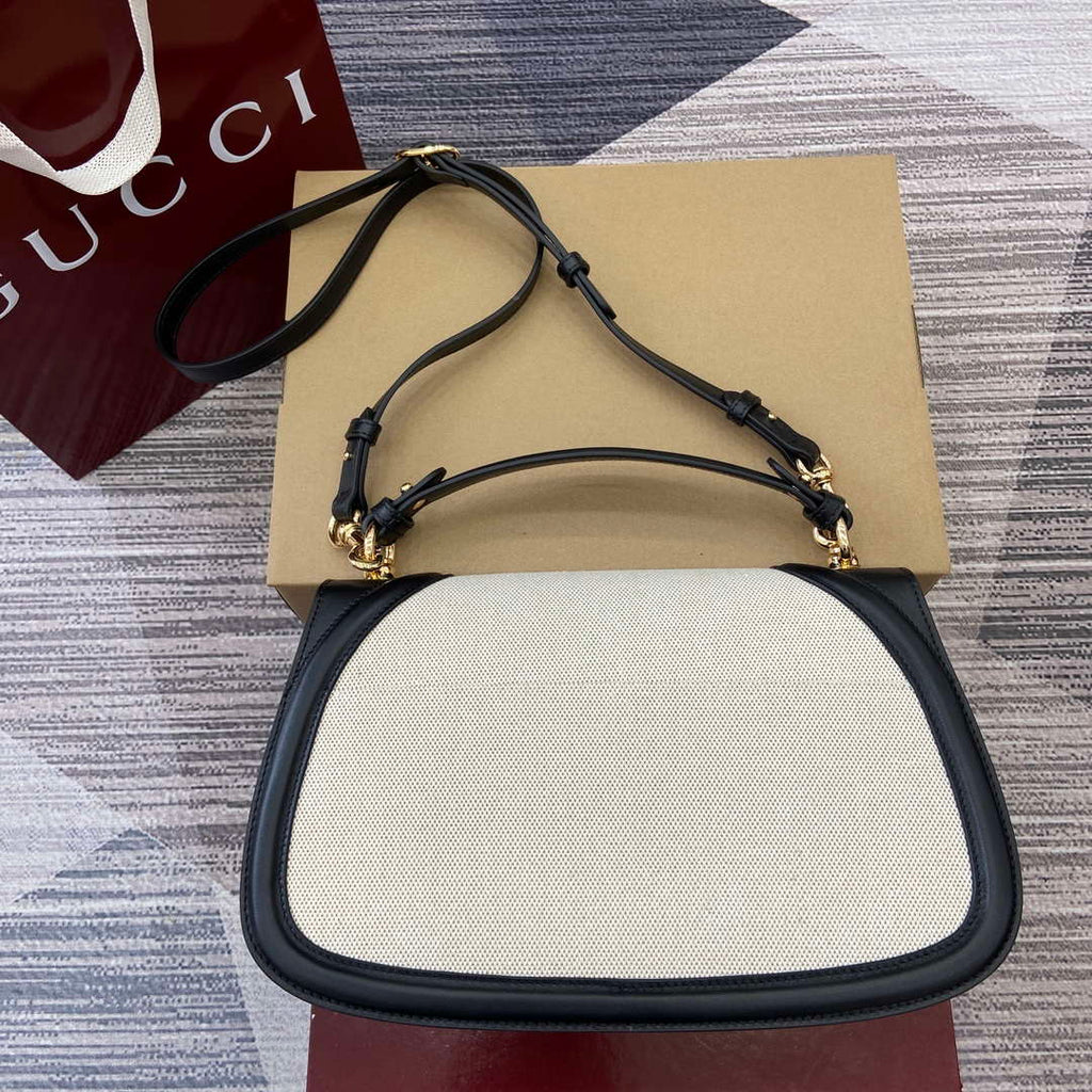 Gucci 815716 Gucci Blondie Medium top handle bag Black& Beige cotton linen canvas