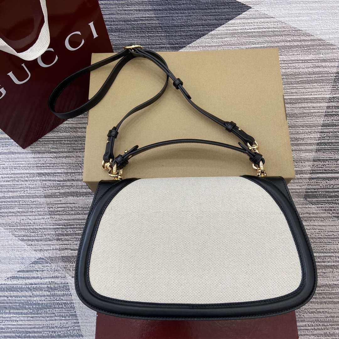 Gucci 815716 Gucci Blondie Medium top handle bag Black& Beige cotton linen canvas
