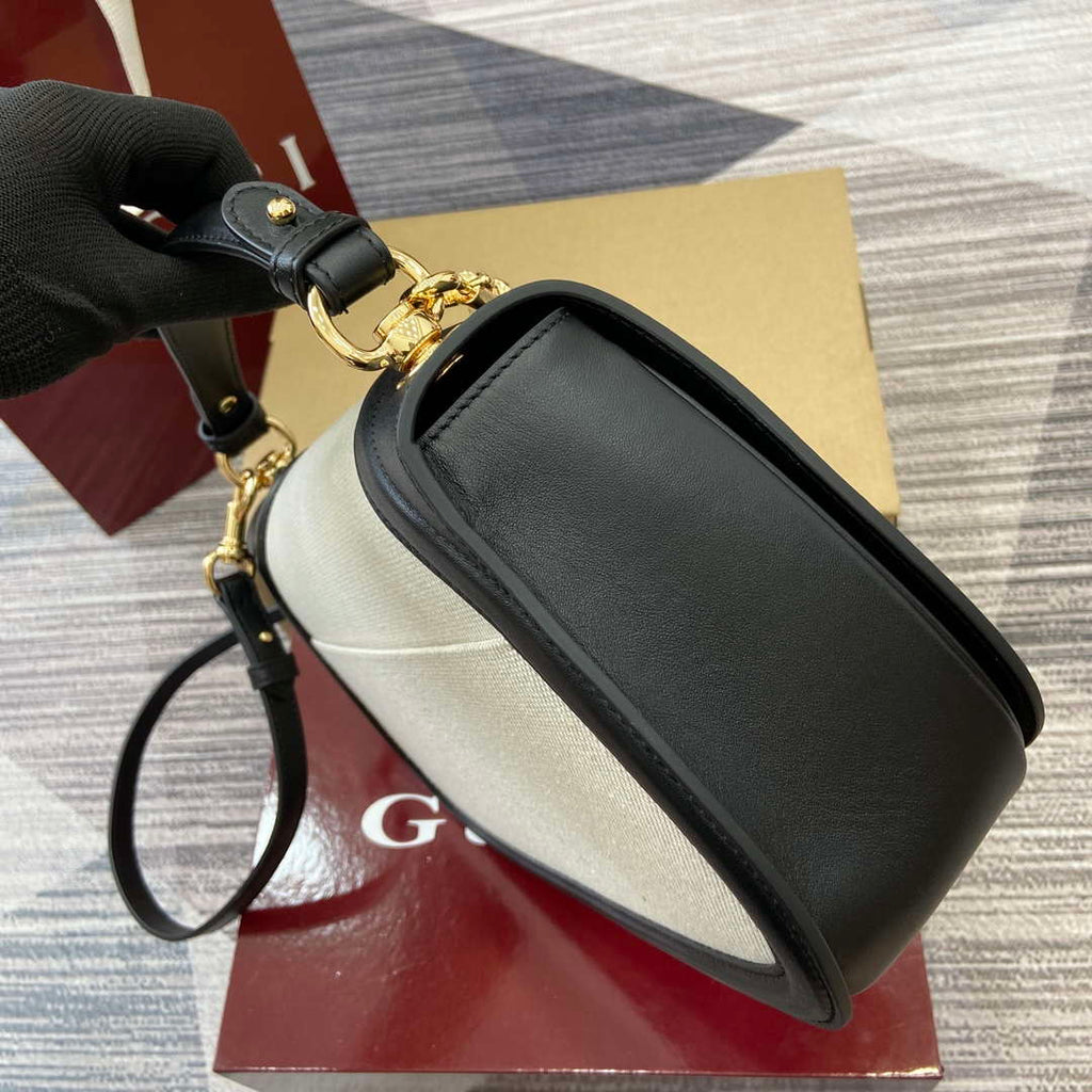 Gucci 815716 Gucci Blondie Medium top handle bag Black& Beige cotton linen canvas