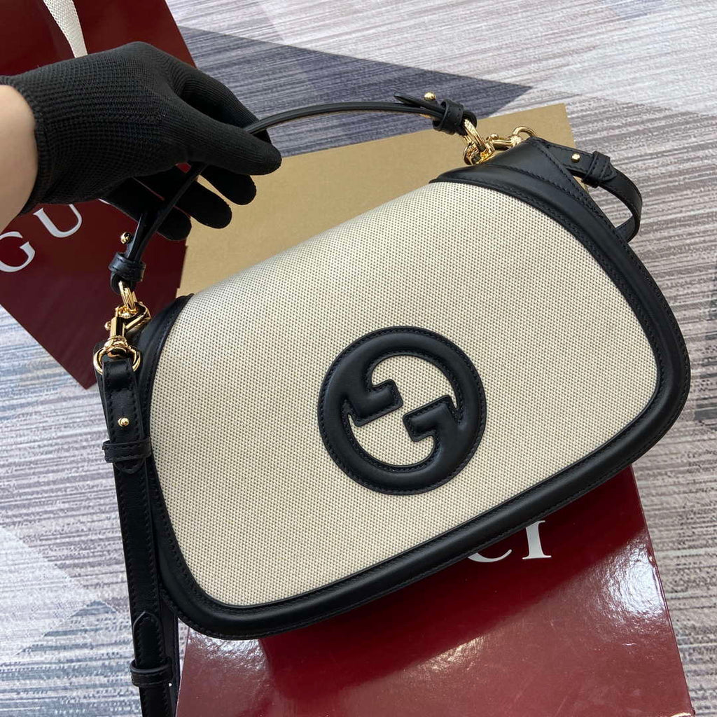 Gucci 815716 Gucci Blondie Medium top handle bag Black& Beige cotton linen canvas