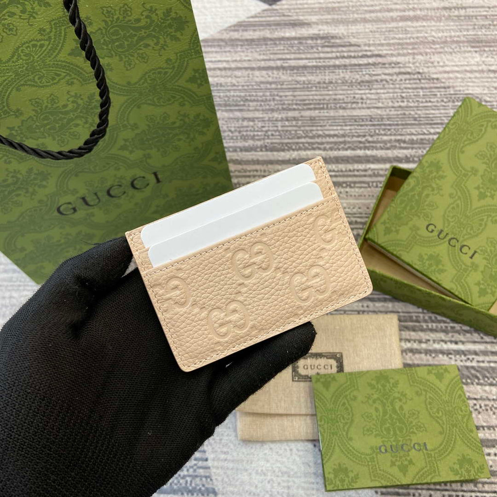 Gucci 815883 GG Emblem card case Beige Leather