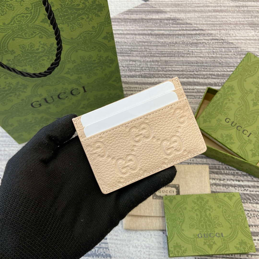 Gucci 815883 GG Emblem card case Beige Leather