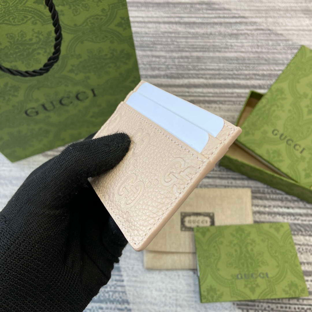 Gucci 815883 GG Emblem card case Beige Leather