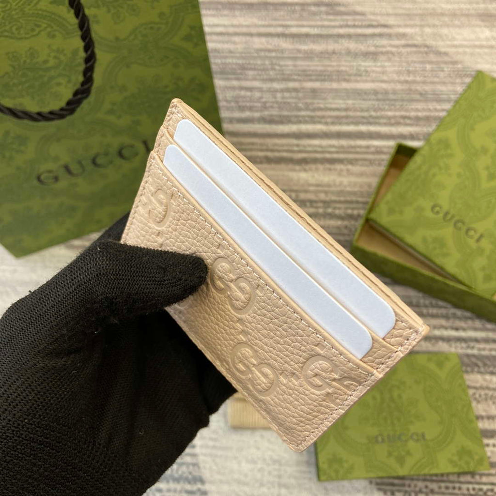 Gucci 815883 GG Emblem card case Beige Leather