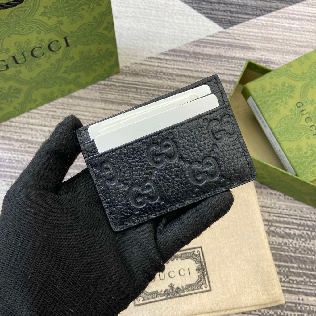 Gucci 815883 GG Emblem card case Black Leather