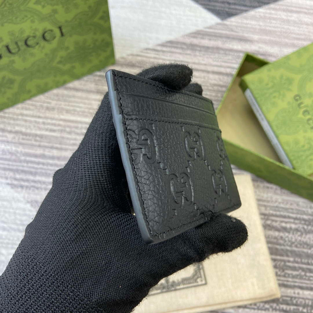 Gucci 815883 GG Emblem card case Black Leather