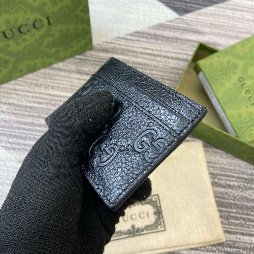 Gucci 815883 GG Emblem card case Black Leather
