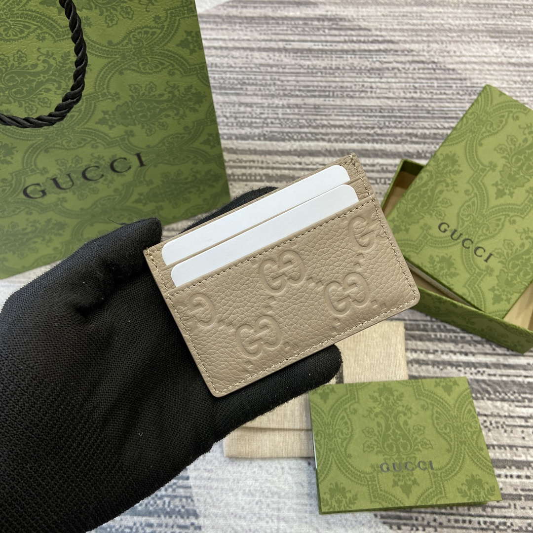 Gucci 815883 GG Emblem card case Taupe Leather