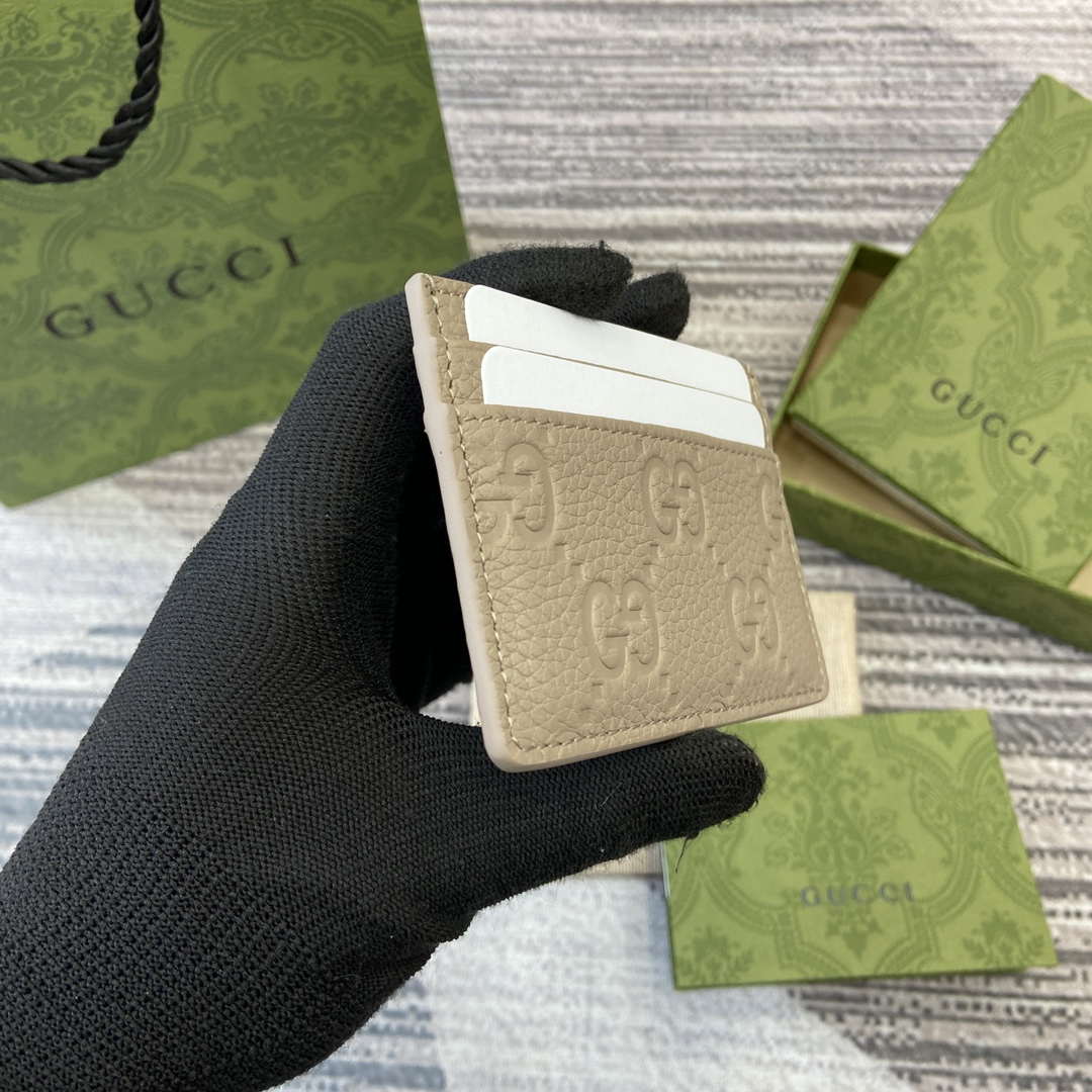 Gucci 815883 GG Emblem card case Taupe Leather