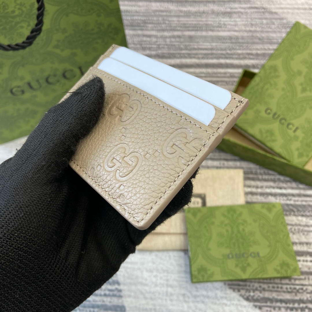 Gucci 815883 GG Emblem card case Taupe Leather