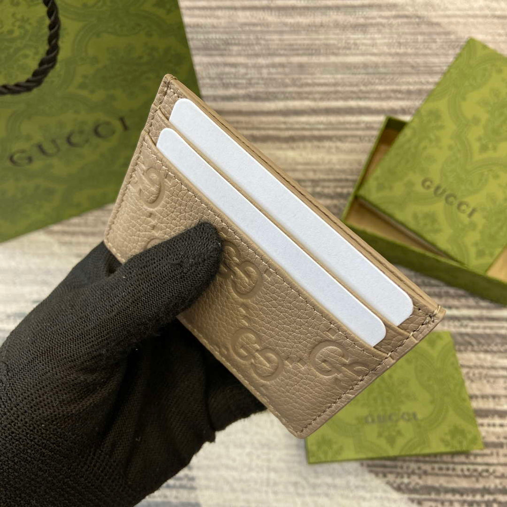 Gucci 815883 GG Emblem card case Taupe Leather