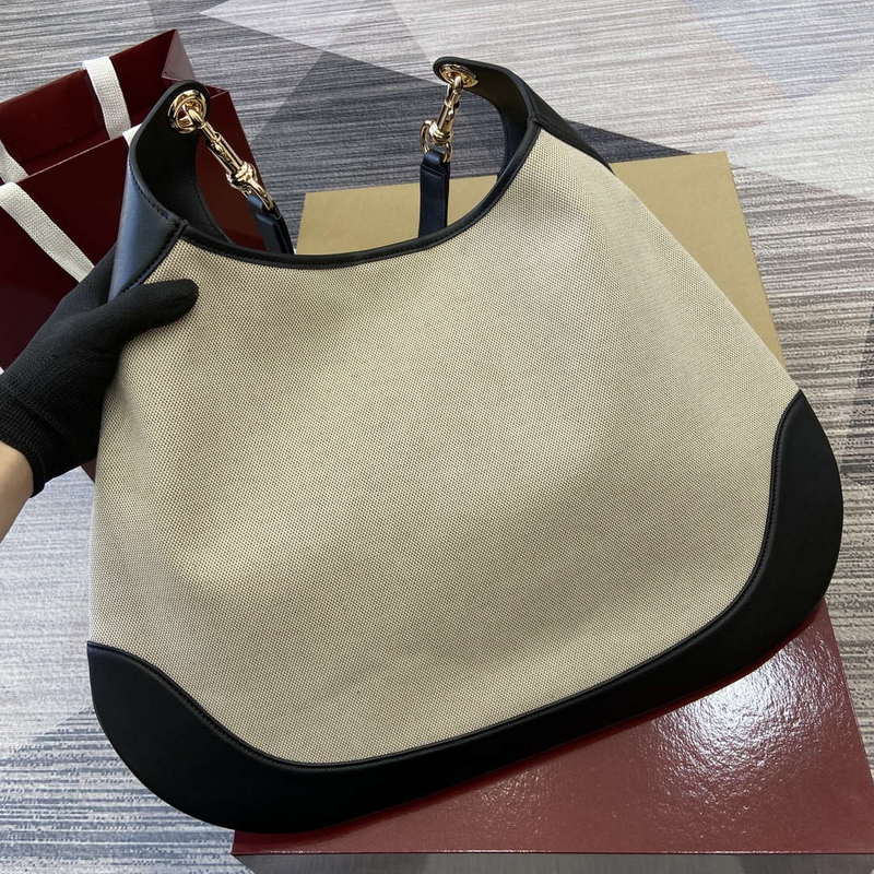 Gucci 815924 Gucci B Medium Shoulder Bag Natural cotton linen canvas Black