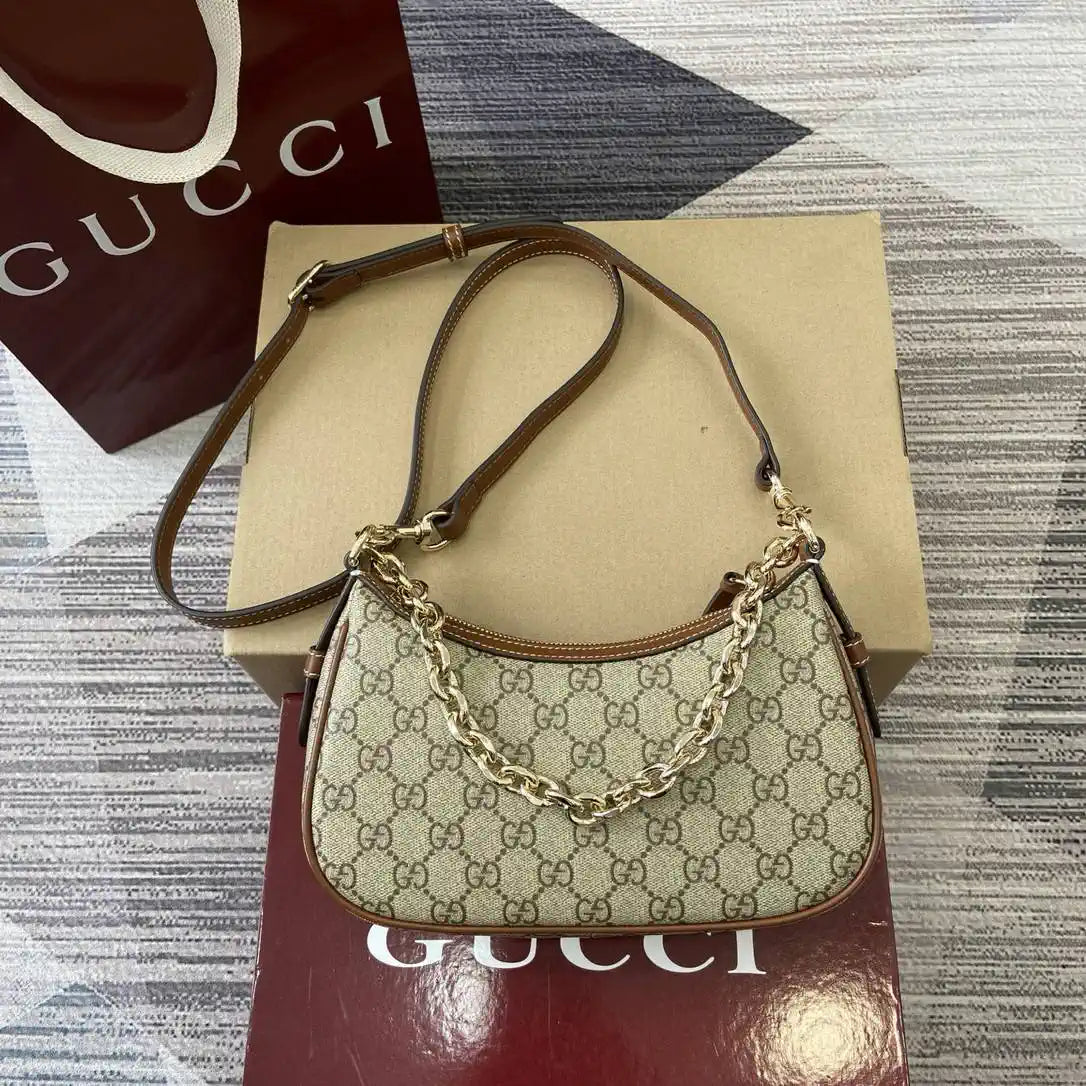 Gucci 847447 GG Emblem small shoulder bag Beige and dark brown